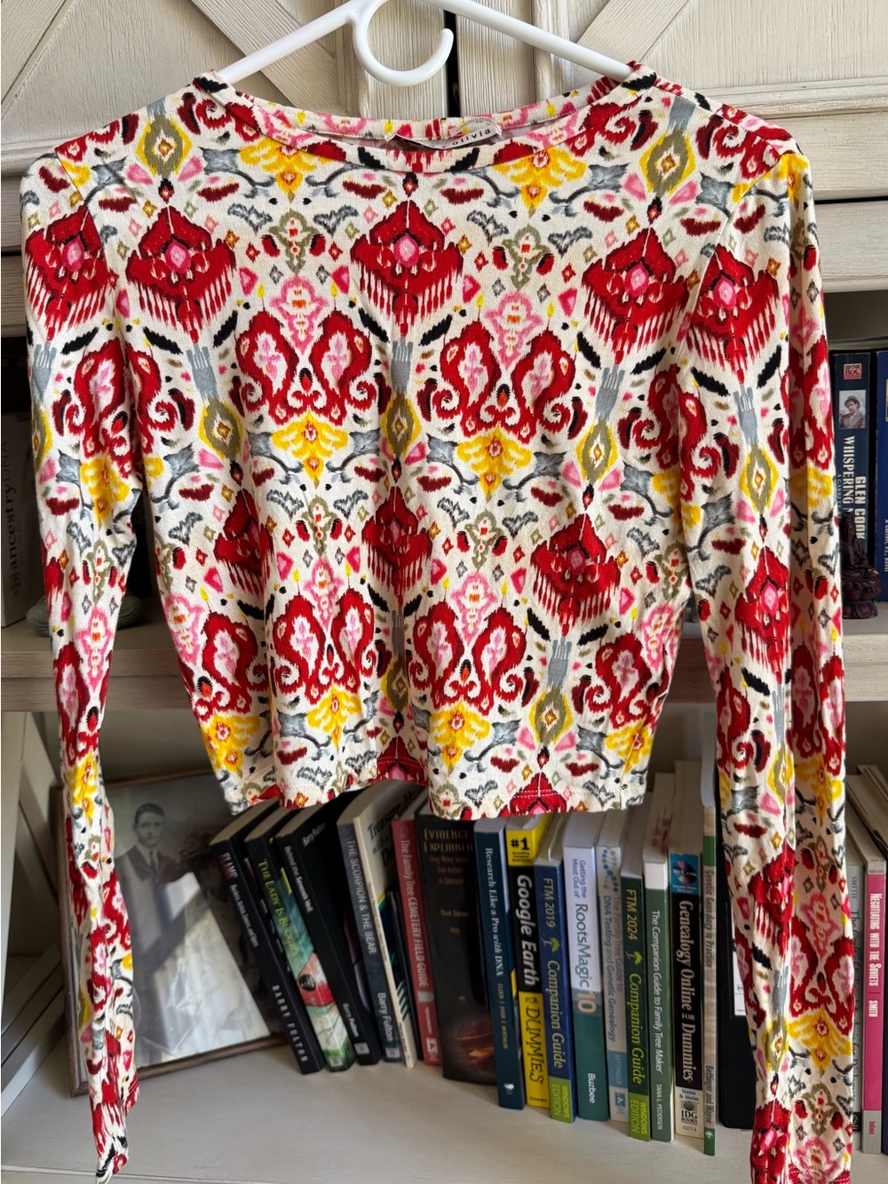 Alice + Olivia Red, Yellow & Cream Ikat-Style Long Sleeve Top